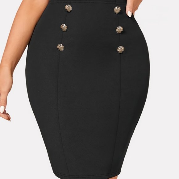 Solid Button Front Bodycon Elegant High Waist Office Pencil Skirt - Picture 3 of 6